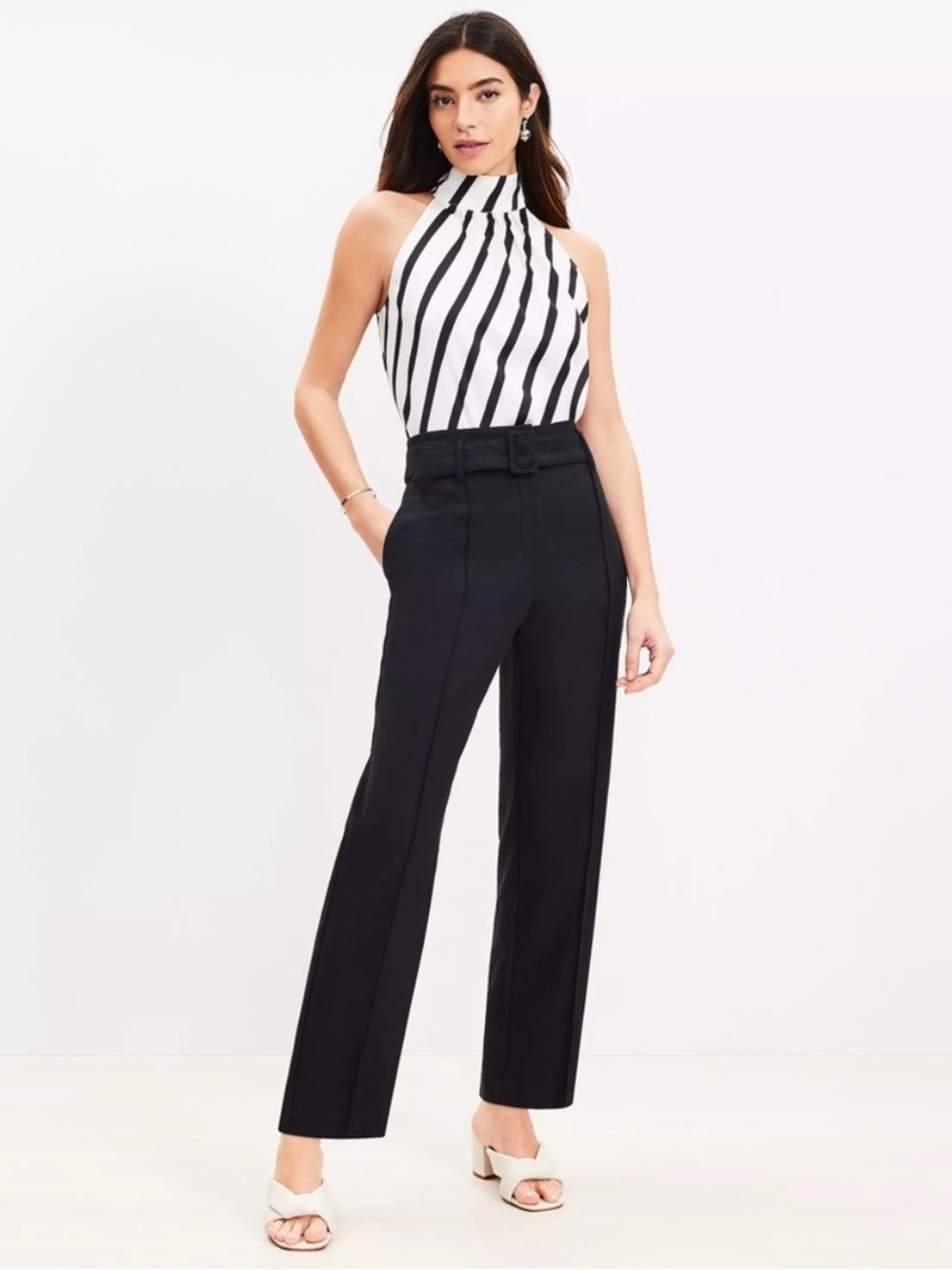 LOFT Pintucked Belted Slim Pants in Cotton Linen Twill Black - Size 2